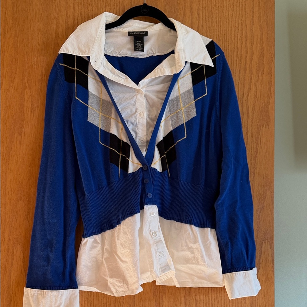 Lane Bryant Women's Blue White Argyle Knit Collared Button Cardigan Plus 18/20